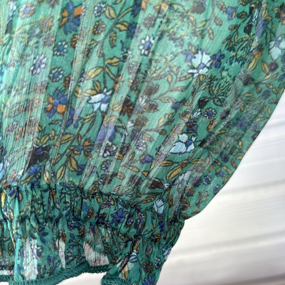 Free People Smocked Shoulder Midi Dress Green Floral Tiered Long Sleeve NWT - Picture 7 of 15